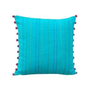 Turquoise cotton  pillow cover w/pink pompoms. 16"